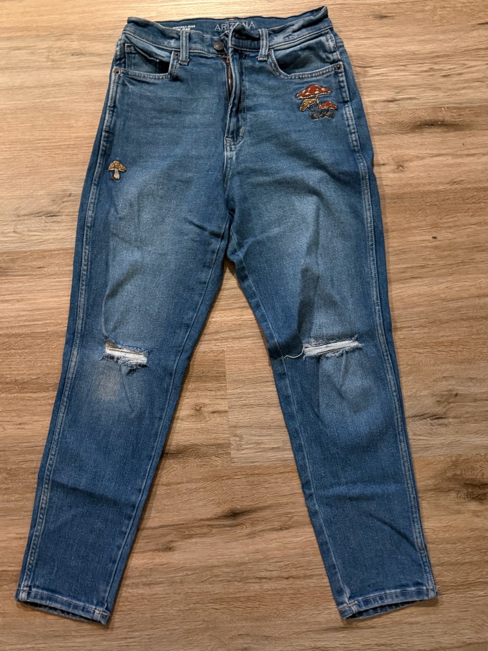 Arizona Jean Company Blue Distressed High-Rise Jeans with Mushroom Embroidery
